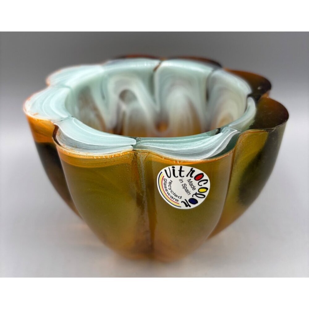 Vtg Vitrocolor Recycled  Glass Candle Holder Scalloped Multicolor‎ Swirl